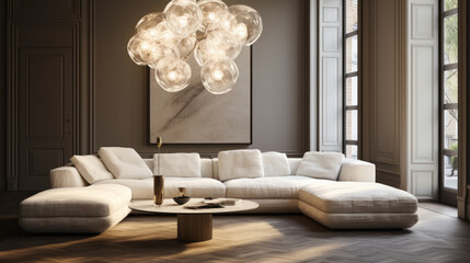 A modern living room featuring a dazzling statement lighting fixture