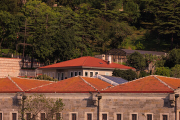 View of buildings and houses in public places in Turkey, sunny summer day