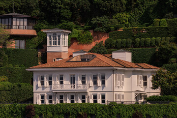 View of buildings and houses in public places in Turkey, sunny summer day