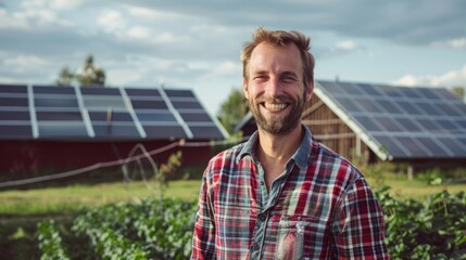 Smiling modern german farmer with solar energy. Green Innovation.  - obrazy, fototapety, plakaty