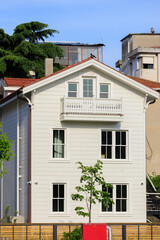 View of buildings and houses in public places in Turkey, sunny summer day