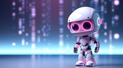 sad cute robot on neon background