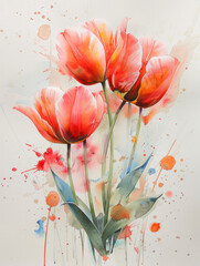 Colorful tulip flowers watercolor illustration isolated 