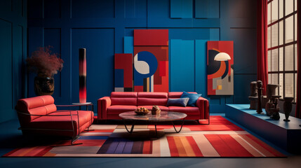 A modern living room with a striking blue and red color blocking pattern on the walls