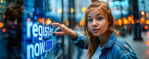 Young girl interacting with a digital interface pressing a register now button, symbolizing online registration and modern technology engagement