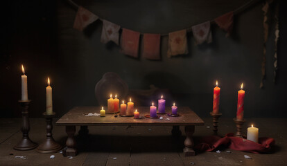 Halloween image,dark background with candles, colorful wax candles on a wooden table, a garland of fabric flags. Generative AI.