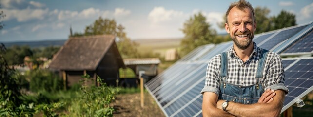 Smiling modern german farmer with solar energy. Green Innovation.  - obrazy, fototapety, plakaty