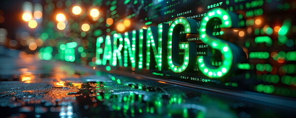 Obraz premium Glowing green EARNINGS sign on server room equipment, symbolizing financial growth, revenue tracking, and digital analytics in the technologically driven business landscape
