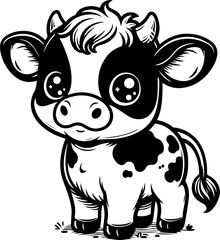 Cute baby cow black outline vector illustration. Coloring book for kids.