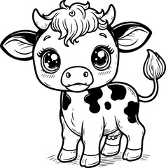 Obraz premium Cute baby cow black outline vector illustration. Coloring book for kids.