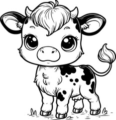 Cute baby cow black outline vector illustration. Coloring book for kids.