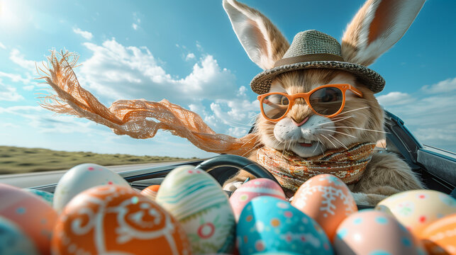 High-end commercial photography of a stylish Easter bunny driving a sports car
