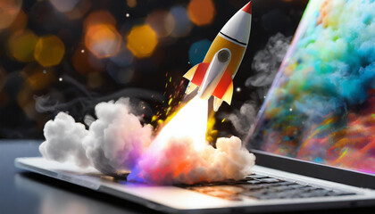Futuristic rocket ship take off launching from sleek silver laptop