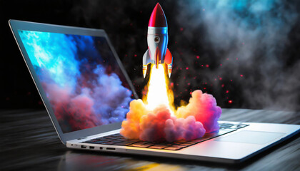Futuristic rocket ship take off launching from sleek silver laptop