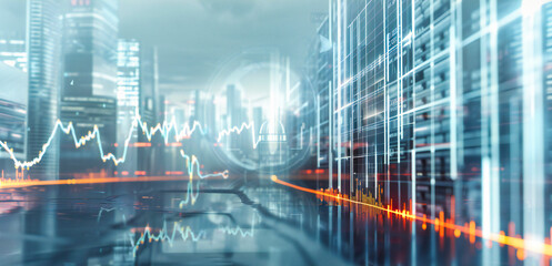 Double Exposure of Financial Growth and Cityscape, Concept of Business Innovation and Market Analysis, Futuristic Design