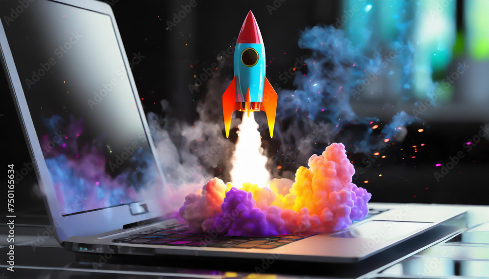 Poster rocket starts from computer device screen. spaceship launch from laptop. concept of a successful sta
