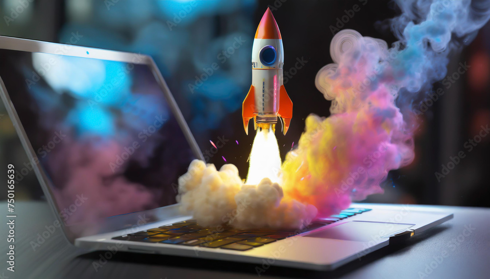 Poster rocket starts from computer device screen. spaceship launch from laptop. concept of a successful sta