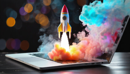 Rocket starts from computer device screen. Spaceship launch from Laptop. Concept of a successful start up of a business. Creative idea, education online. Ai