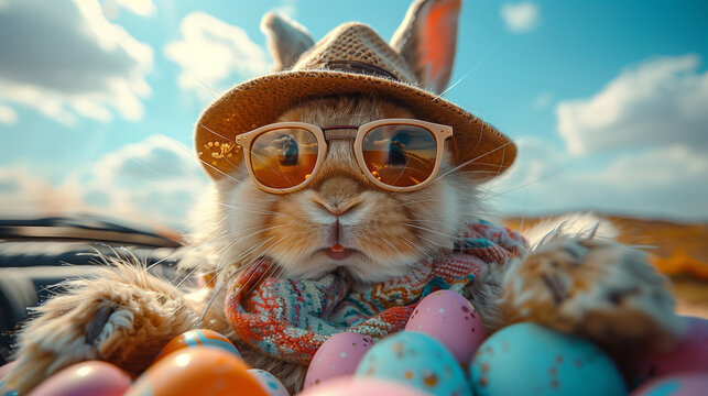 High-end commercial photography of a stylish Easter bunny driving a sports car