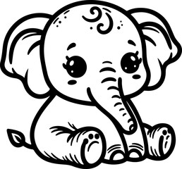 Obraz premium Cute baby elephant black outline vector illustration. Coloring book for kids.