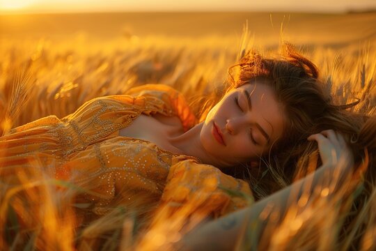 a woman lying in a field of tall, waving wheat, her body morphing into the landscape