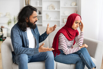 Relationship Crisis. Muslim Couple Emotionally Arguing At Home