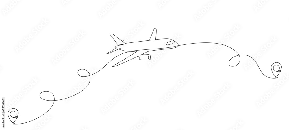 Poster airplane flight routes drawn with a single editable line. continuous single line vector drawing of d