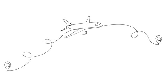 Airplane flight routes drawn with a single editable line. Continuous single line vector drawing of destination at airports. Airplane flight concept with the location of the start and end point of the 