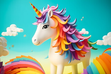  3d Unicorn with rainbow and clouds, illustration, Ai Generated
