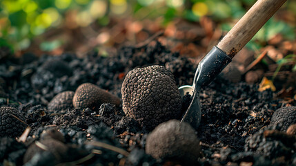 Digging up truffle mushroom in the forest. Selective focus. - obrazy, fototapety, plakaty