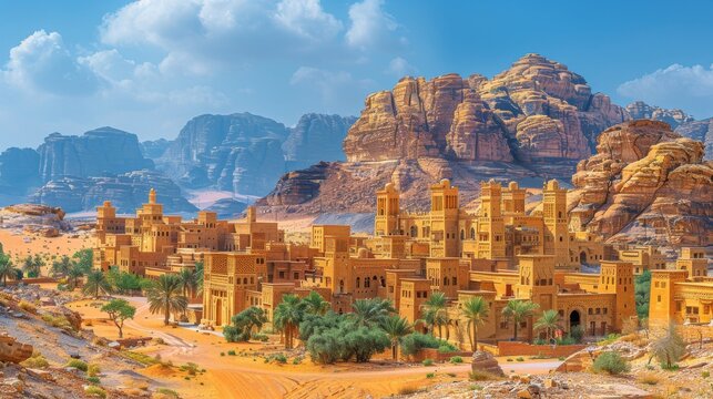 A Painting of a Desert Town Amidst the Desert
