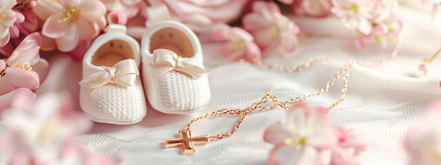Baby booties and cross stitch baby baptism concept. Selective focus.