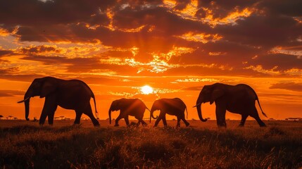Herd of Elephants Walking Across Grass Field