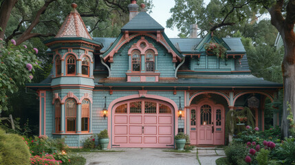 Fototapeta premium Pink and Blue House With Pink Door