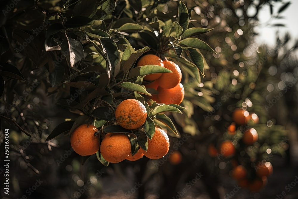 Poster tree ripe oranges citrus fruits. bountiful harvest of citrus fruits hanging from its branches