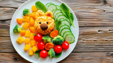 A plate with children food in the shape of an animal. Selective focus.