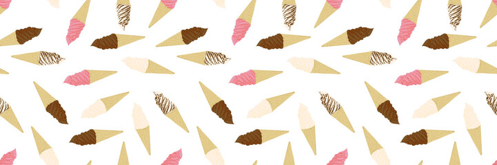 illustrated soft serve ice cream cone banner pattern overlay - obrazy, fototapety, plakaty