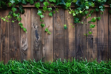 A wooden fence with green ivy growing over it