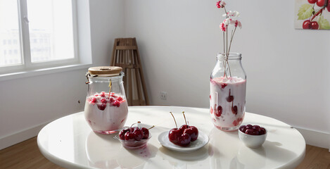 An object photo shoot, glass jars with yogurt and cherries on a round marble white table, in a...