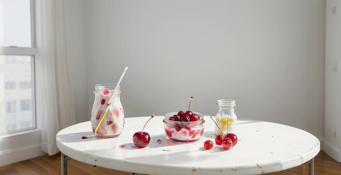 An object photo shoot, glass jars with yogurt and cherries on a round marble white table, in a bright interior, an expensive image, a healthy breakfast. Generative AI.