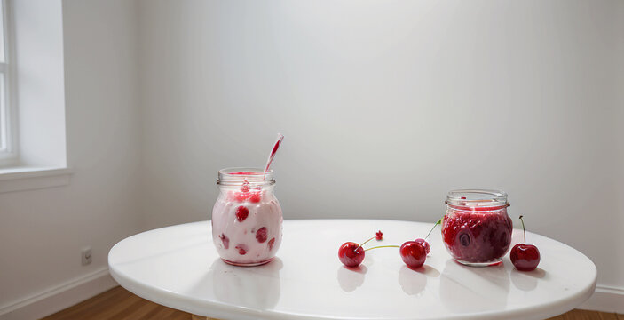 An object photo shoot, glass jars with yogurt and cherries on a round marble white table, in a bright interior, an expensive image, a healthy breakfast. Generative AI.