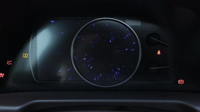 Many different car dashboard lights with warning lamps illuminated. Light symbol that pops up on dashboard when something goes wrong with the engine.
