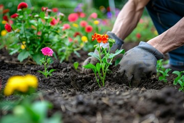 A person is planting a flower in the dirt