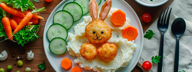 A plate with children food in the shape of an animal. Selective focus.