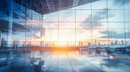 Double exposure of a modern office window and urban skyline, merging the worlds of business and city life