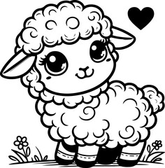 Fototapeta premium Cute baby sheep black outline vector illustration. Coloring book for kids.