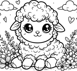 Fototapeta premium Cute baby sheep black outline vector illustration. Coloring book for kids.