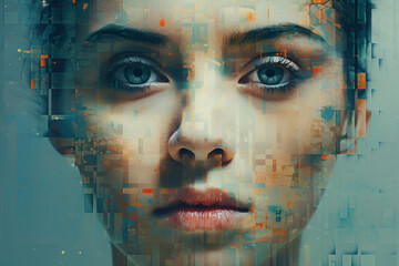 Digital glitch art: Pixel distortions and colorful glitches for a futuristic aesthetic. Young brunette.