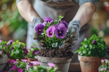 A person is planting purple flowers in a pot