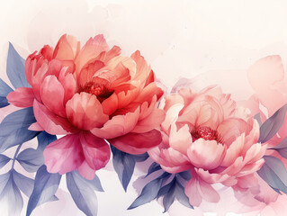Beautiful colorful peony flowers watercolor illustration isolated